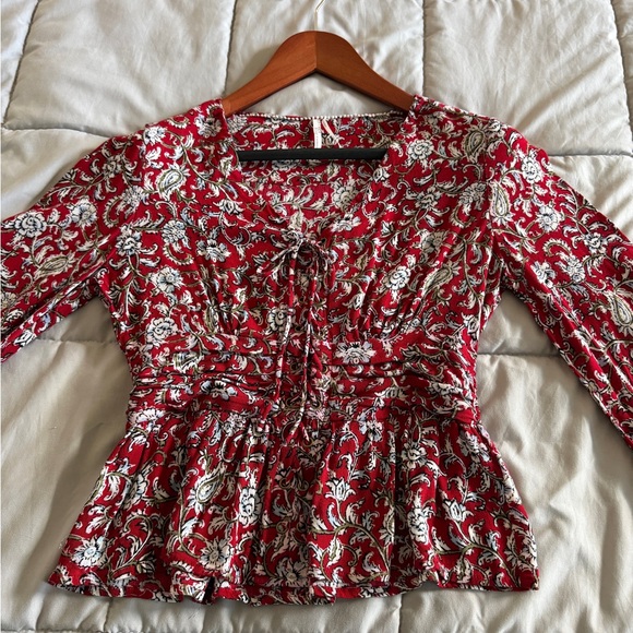 Anthropologie EUC Feather Bone Floral Lace-Up Peplum Blouse Red Size 4 - Picture 9 of 16